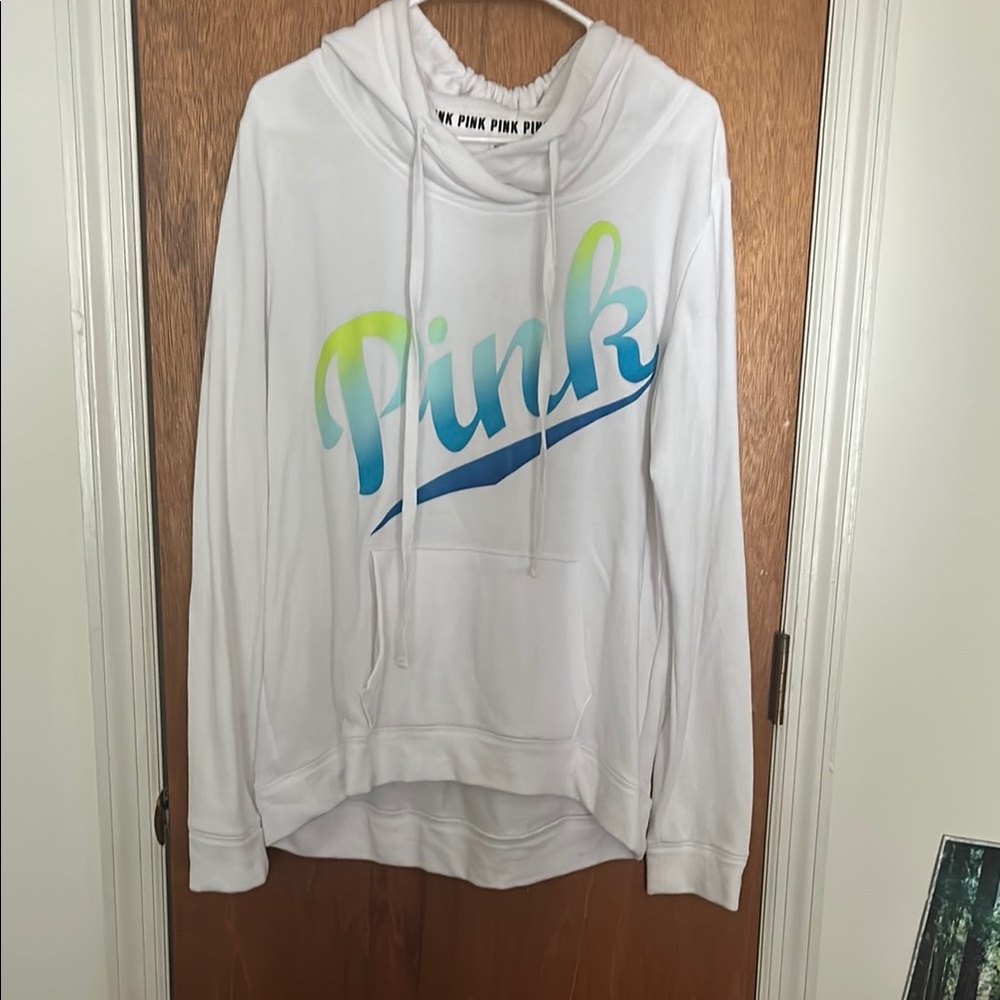 PINK Victoria's Secret White Cowl Neck Sweater with Blue and Green Logo